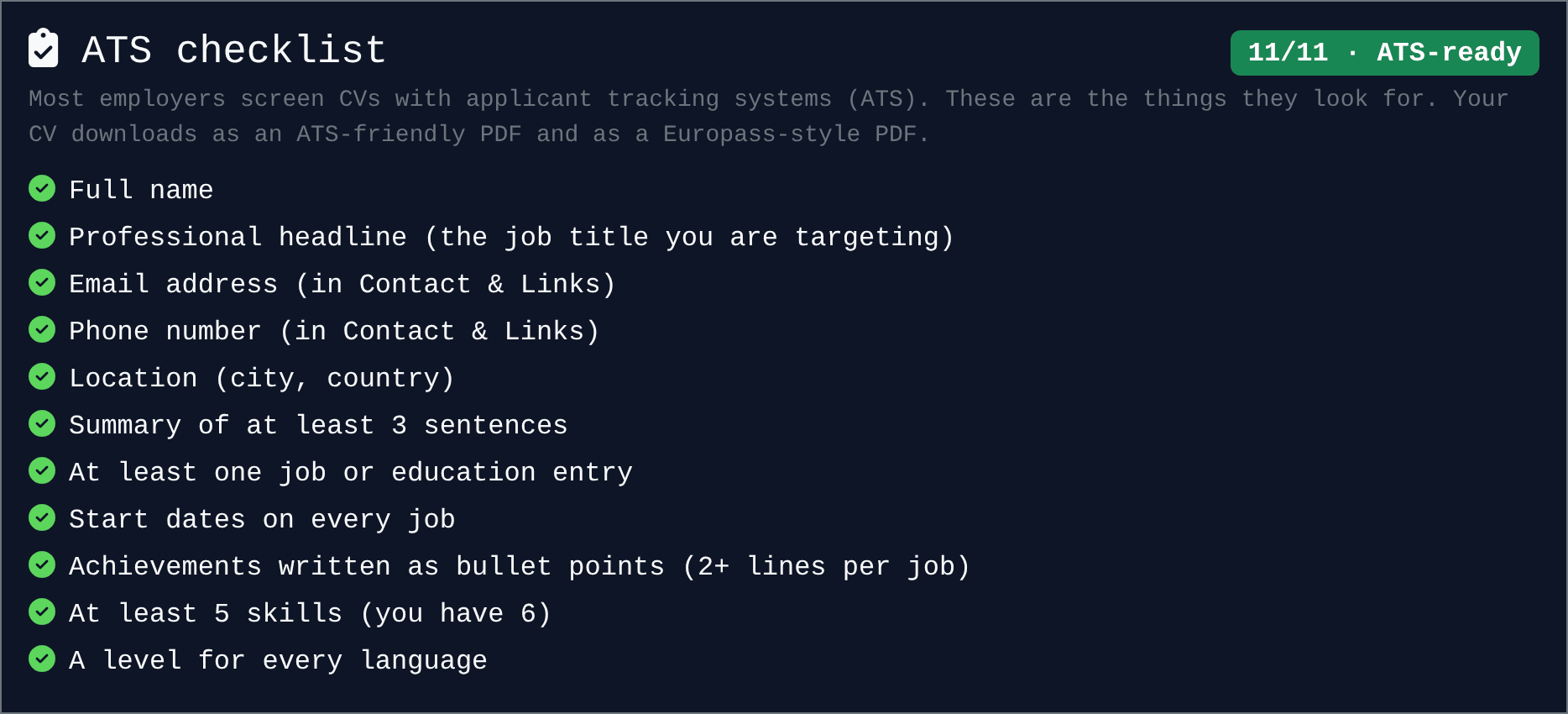 ATS checklist in Benture's CV maker