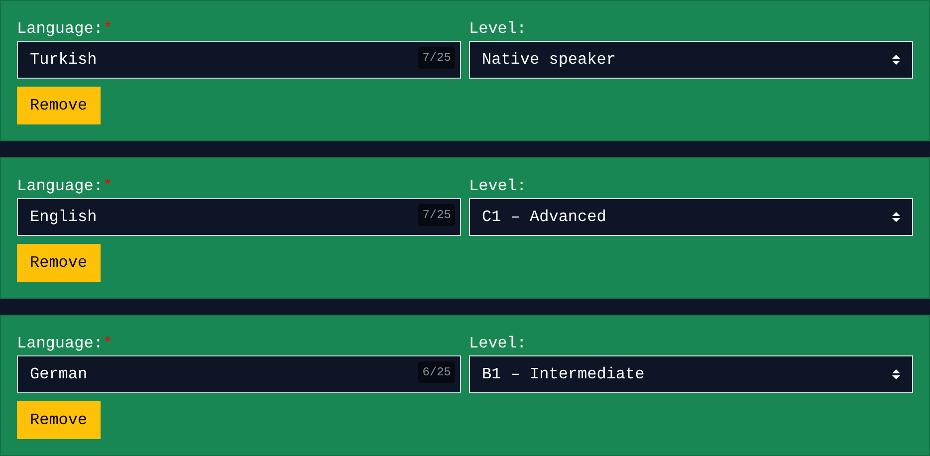 Language levels in Benture's CV maker